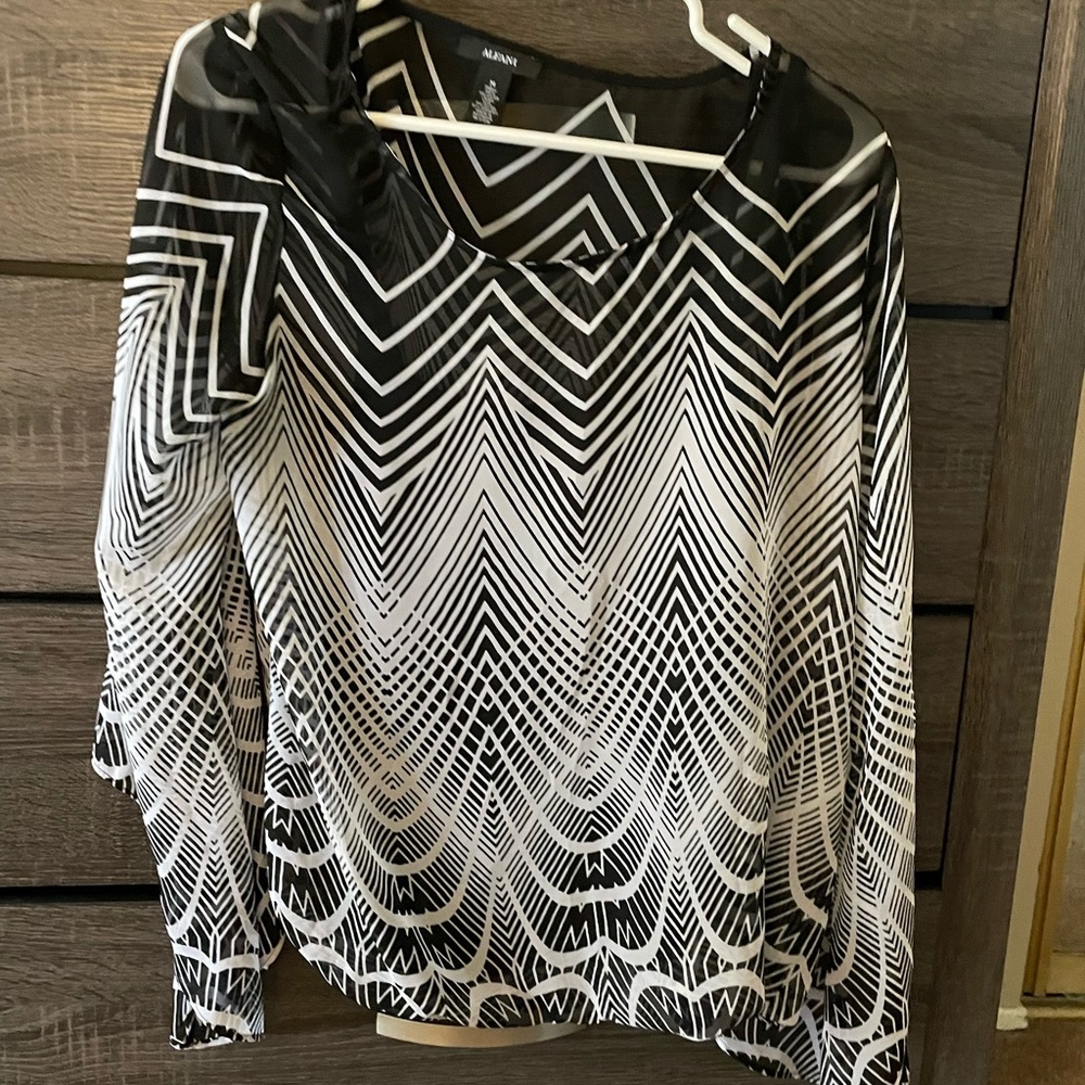 Alfani black and white sheer top. Long sleeved with built-in liner.